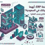 إنفوجرافيك يوضح أنواع أنظمة ERP في السعودية، ويشمل النظام السحابي، الهجين، والمحلي، ويستعرض تطبيقاتها في قطاعات مثل الصناعة، التجارة، والمقاولات، مع التركيز على التوافق مع زاتكا وتحقيق عائد الاستثمار.