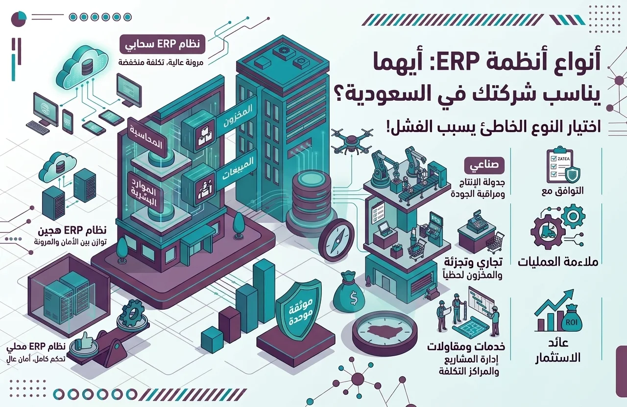 إنفوجرافيك يوضح أنواع أنظمة ERP في السعودية، ويشمل النظام السحابي، الهجين، والمحلي، ويستعرض تطبيقاتها في قطاعات مثل الصناعة، التجارة، والمقاولات، مع التركيز على التوافق مع زاتكا وتحقيق عائد الاستثمار.