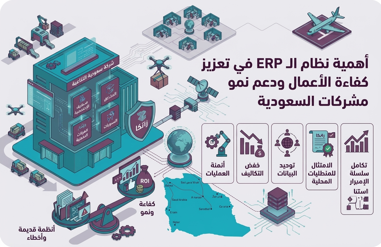 صورة إنفوجرافيك توضح أهمية نظام الـ ERP في تعزيز كفاءة الأعمال ودعم نمو الشركات السعودية