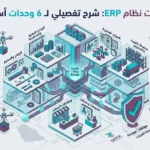 إنفوجرافيك يوضح مكونات نظام ERP، بما في ذلك "الإدارة المالية والمحاسبة"، "الموارد البشرية"، "سلسلة التوريد والمخزون"، "الإنتاج والتصنيع"، "المبيعات وعلاقات العملاء"، و "الخدمات وعلاقات الموظفين"، كلها مرتبطة بقاعدة بيانات موحدة ومعتمدة من ZATCA.