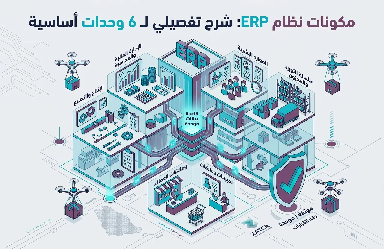 إنفوجرافيك يوضح مكونات نظام ERP، بما في ذلك "الإدارة المالية والمحاسبة"، "الموارد البشرية"، "سلسلة التوريد والمخزون"، "الإنتاج والتصنيع"، "المبيعات وعلاقات العملاء"، و "الخدمات وعلاقات الموظفين"، كلها مرتبطة بقاعدة بيانات موحدة ومعتمدة من ZATCA.