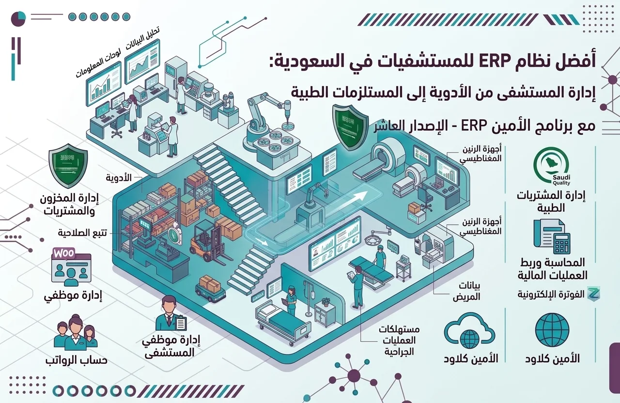 إنفوجرافيك يوضح ميزات برنامج الأمين 10 كأفضل نظام ERP للمستشفيات في السعودية، ويشمل إدارة مخزون الأدوية، والمستلزمات والأصول الطبية، وتتبع الصلاحية، والمحاسبة والفوترة الإلكترونية، وإدارة الموارد البشرية، والأمين كلاود.