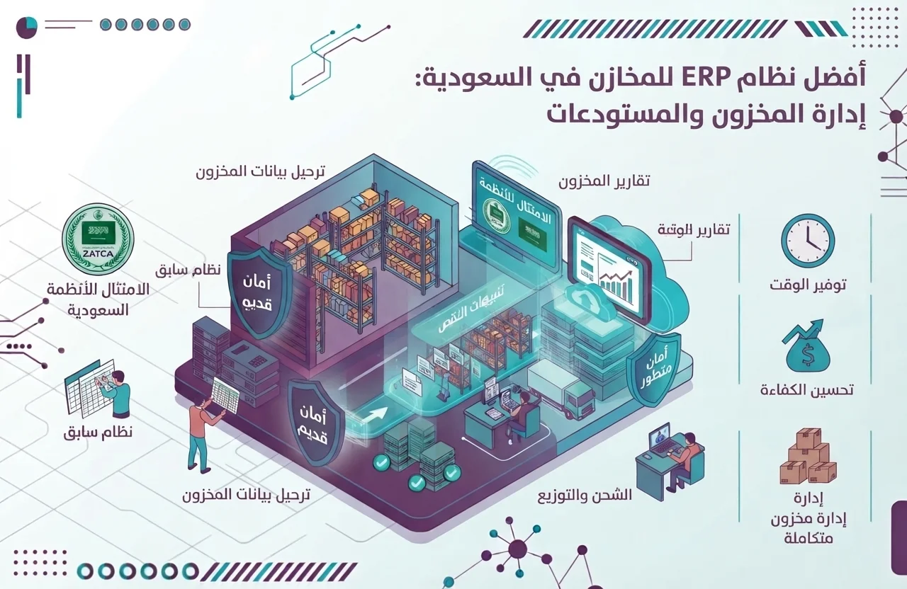 إنفوجرافيك يوضح التحول الرقمي لأنظمة المخازن في السعودية من نظام قديم إلى نظام الأمين السحابي الحديث المتوافق مع متطلبات هيئة الزكاة والضريبة والجمارك (ZATCA)، مع التركيز على تحسين الكفاءة وتوفير الوقت.