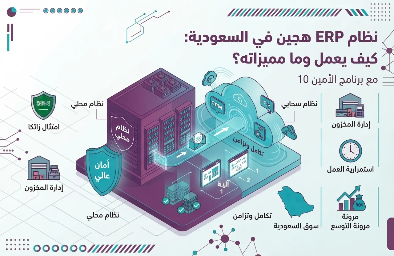 إنفوجرافيك توضيحي بعنوان نظام ERP هجين في السعودية يوضح ميزاته وكيفية عمله، مع برنامج الأمين 10، يوضح تكامل البنية المحلية والسحابية ومزايا الأمان والتزامن.