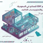 إنفوجرافيك توضيحي بعنوان 'أفضل نظام ERP للمصانع في السعودية: إدارة الإنتاج والتصنيع وحساب التكاليف' مع برنامج الأمين 10. يوضح النظام المتكامل لربط أقسام المصنع، بما في ذلك 'إدارة المخزون' و'تخطيط الإنتاج' و'حساب التكاليف' و'الامتثال للأنظمة السعودية' (ZATCA). كما يبرز ميزات تدقيق ملفات التصنيع ومتابعة صيانة الآلات لدعم قرارات التوسع الصناعي في المملكة.