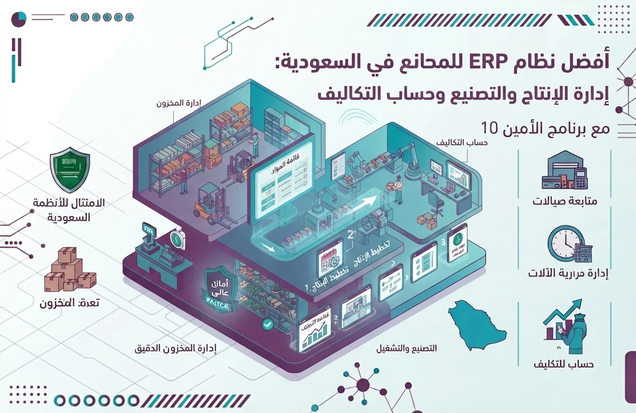 إنفوجرافيك توضيحي بعنوان 'أفضل نظام ERP للمصانع في السعودية: إدارة الإنتاج والتصنيع وحساب التكاليف' مع برنامج الأمين 10. يوضح النظام المتكامل لربط أقسام المصنع، بما في ذلك 'إدارة المخزون' و'تخطيط الإنتاج' و'حساب التكاليف' و'الامتثال للأنظمة السعودية' (ZATCA). كما يبرز ميزات تدقيق ملفات التصنيع ومتابعة صيانة الآلات لدعم قرارات التوسع الصناعي في المملكة.