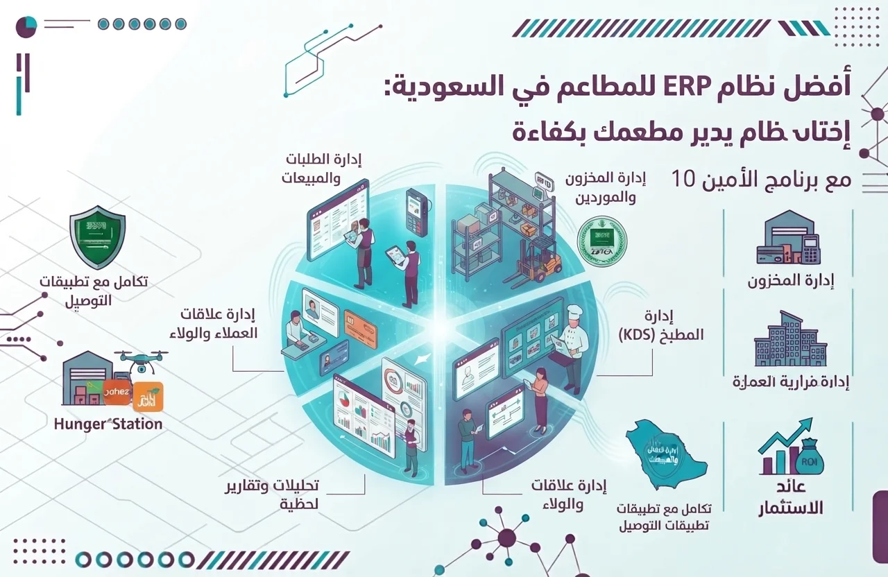 إنفوجرافيك توضيحي بعنوان 'أفضل نظام ERP للمطاعم في السعودية: اختار نظام يدير مطعمك بكفاءة' مع برنامج الأمين 10. يوضح الإنفوجرافيك نظاماً متكاملاً يربط بين إدارة الطاولات، نقاط البيع (POS)، المطبخ (KDS)، المخزون، المشتريات، الحسابات، وعلاقات العملاء (CRM). كما يبرز الامتثال لمتطلبات هيئة الزكاة والضريبة والجمارك (زاتكا)، ودعم وسائل الدفع السعودية، وتسهيل إدارة الفروع المتعددة.