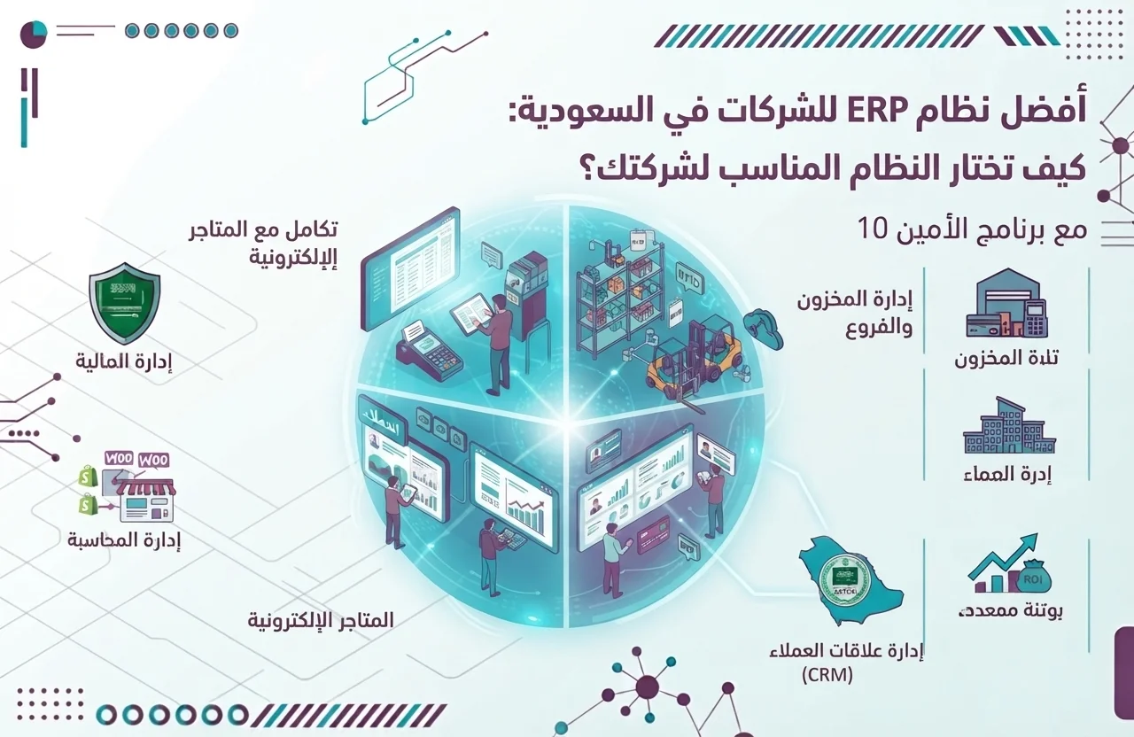 إنفوجرافيك توضيحي بعنوان 'أفضل نظام ERP للشركات في السعودية: كيف تختار النظام المناسب لشركتك؟' مع برنامج الأمين 10. يوضح الإنفوجرافيك نظاماً متكاملاً يربط بين 'الإدارة المالية والمحاسبة'، 'المبيعات والمشتريات'، 'إدارة المخزون والفروع'، و'المتجر الإلكتروني'، مع الامتثال لمتطلبات هيئة الزكاة والضريبة والجمارك (ZATCA) ودعم 'تحسين الكفاءة' و'توفير الوقت' للشركات في المملكة.