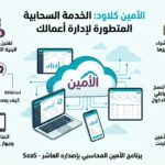 إنفوغرافيك توضيحي يوضح خدمة "الأمين كلاود" السحابية لإدارة الأعمال، مع أيقونات تعبيرية وعناصر مرئية تشمل حاسوب محمول، هاتف ذكي، وسحابة رقمية تحمل شعار الأمين.